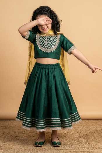 Buy_Byb Premium_Green Silk Gota Patti, Fringe Work Blouse Lehenga Set _Online_at_Aza_Fashions