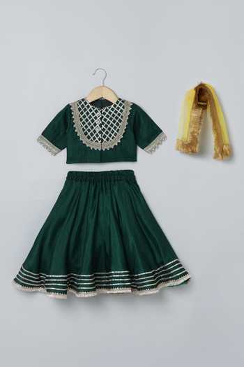 Shop_Byb Premium_Green Silk Gota Patti, Fringe Work Blouse Lehenga Set _Online_at_Aza_Fashions