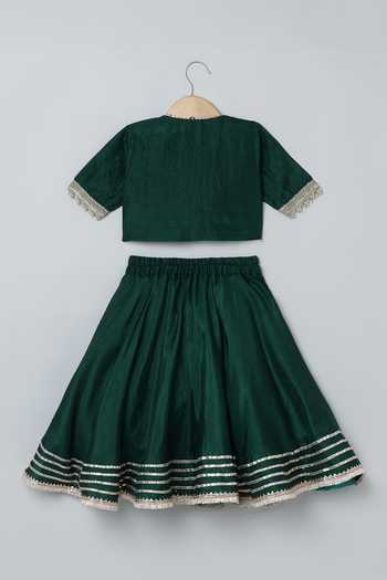 Buy_Byb Premium_Green Silk Gota Patti, Fringe Work Blouse Lehenga Set 