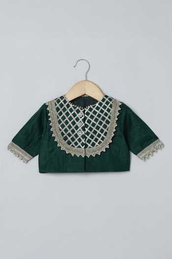 Shop_Byb Premium_Green Silk Gota Patti, Fringe Work Blouse Lehenga Set 