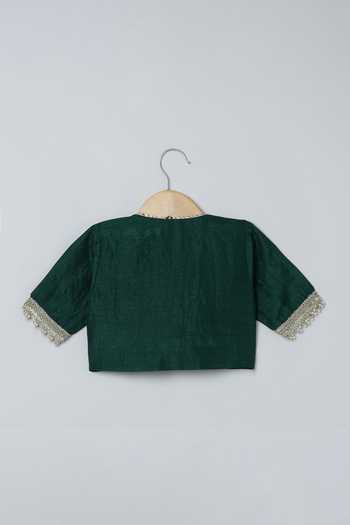 Byb Premium_Green Silk Gota Patti, Fringe Work Blouse Lehenga Set _Online