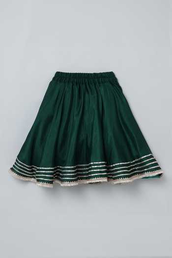 Buy_Byb Premium_Green Silk Gota Patti, Fringe Work Blouse Lehenga Set _Online