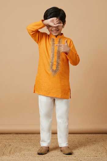 Byb Premium_Orange Linen, Cotton Lace, Sequins Zardosi Embroidered Kurta With Pyjama _Online_at_Aza_Fashions