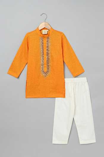 Byb Premium_Orange Linen, Cotton Lace, Sequins Zardosi Embroidered Kurta With Pyjama _at_Aza_Fashions