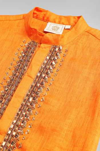 Buy_Byb Premium_Orange Linen, Cotton Lace, Sequins Zardosi Embroidered Kurta With Pyjama 