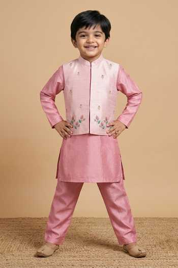 Buy_Byb Premium_Pink Cotton, Denim Beads, Zari, Cut Work Floral Embroidered Bundi And Kurta Set _at_Aza_Fashions