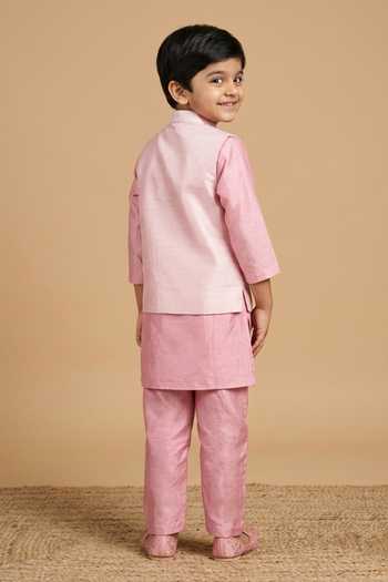 Shop_Byb Premium_Pink Cotton, Denim Beads, Zari, Cut Work Floral Embroidered Bundi And Kurta Set _at_Aza_Fashions