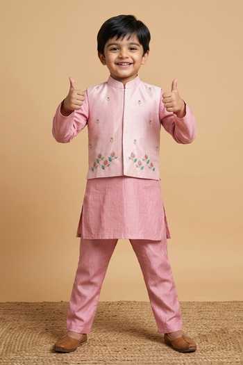 Byb Premium_Pink Cotton, Denim Beads, Zari, Cut Work Floral Embroidered Bundi And Kurta Set _Online_at_Aza_Fashions