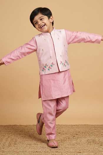 Buy_Byb Premium_Pink Cotton, Denim Beads, Zari, Cut Work Floral Embroidered Bundi And Kurta Set _Online_at_Aza_Fashions