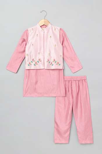 Shop_Byb Premium_Pink Cotton, Denim Beads, Zari, Cut Work Floral Embroidered Bundi And Kurta Set _Online_at_Aza_Fashions