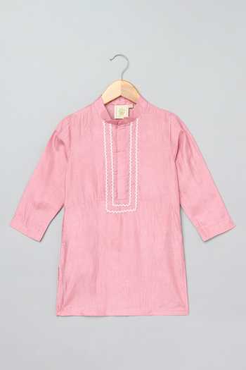 Buy_Byb Premium_Pink Cotton, Denim Beads, Zari, Cut Work Floral Embroidered Bundi And Kurta Set 