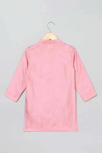 Shop_Byb Premium_Pink Cotton, Denim Beads, Zari, Cut Work Floral Embroidered Bundi And Kurta Set 