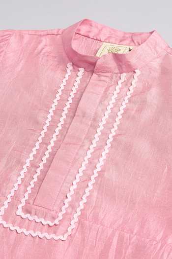 Byb Premium_Pink Cotton, Denim Beads, Zari, Cut Work Floral Embroidered Bundi And Kurta Set _Online