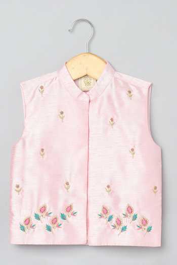 Buy_Byb Premium_Pink Cotton, Denim Beads, Zari, Cut Work Floral Embroidered Bundi And Kurta Set _Online