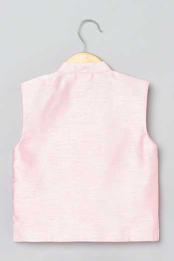 Shop_Byb Premium_Pink Cotton, Denim Beads, Zari, Cut Work Floral Embroidered Bundi And Kurta Set _Online