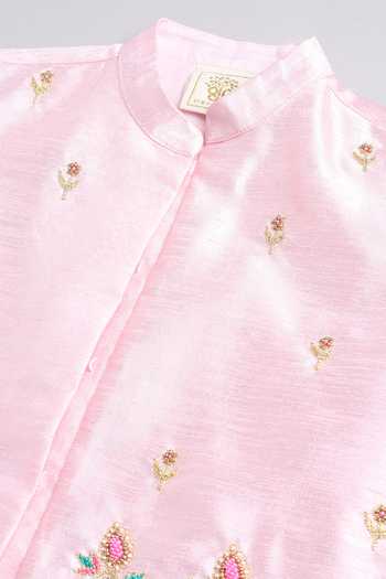 Byb Premium_Pink Cotton, Denim Beads, Zari, Cut Work Floral Embroidered Bundi And Kurta Set 
