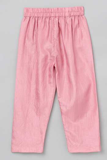 Byb Premium_Pink Cotton, Denim Beads, Zari, Cut Work Floral Embroidered Bundi And Kurta Set 