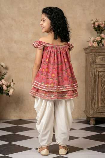 Shop_Byb Premium_Pink Cotton, Georgette Embroidery, Gota Floral Flared Kurta With Dhoti Pant _at_Aza_Fashions