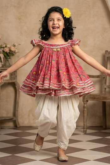 Byb Premium_Pink Cotton, Georgette Embroidery, Gota Floral Flared Kurta With Dhoti Pant _Online_at_Aza_Fashions