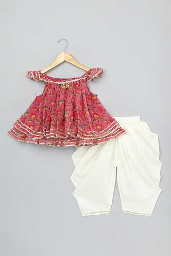 Shop_Byb Premium_Pink Cotton, Georgette Embroidery, Gota Floral Flared Kurta With Dhoti Pant _Online_at_Aza_Fashions