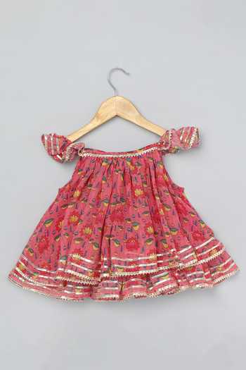 Buy_Byb Premium_Pink Cotton, Georgette Embroidery, Gota Floral Flared Kurta With Dhoti Pant 