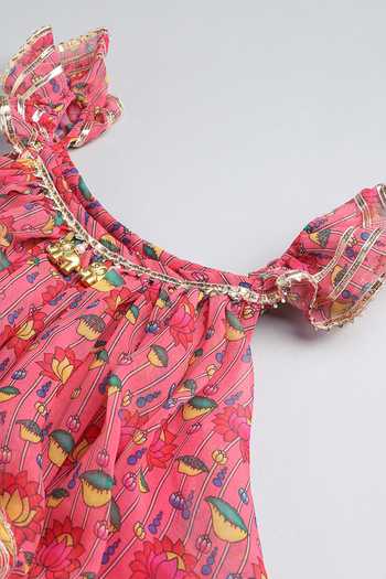 Byb Premium_Pink Cotton, Georgette Embroidery, Gota Floral Flared Kurta With Dhoti Pant _Online