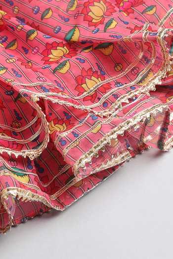 Buy_Byb Premium_Pink Cotton, Georgette Embroidery, Gota Floral Flared Kurta With Dhoti Pant _Online