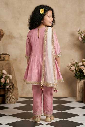 Shop_Byb Premium_Pink Cotton, Chiffon Pearls, Tassels Floral Embroidered Anarkali And Pyjama Set _at_Aza_Fashions