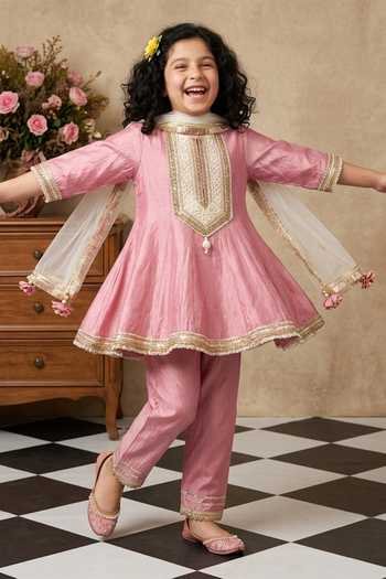 Byb Premium_Pink Cotton, Chiffon Pearls, Tassels Floral Embroidered Anarkali And Pyjama Set _Online_at_Aza_Fashions