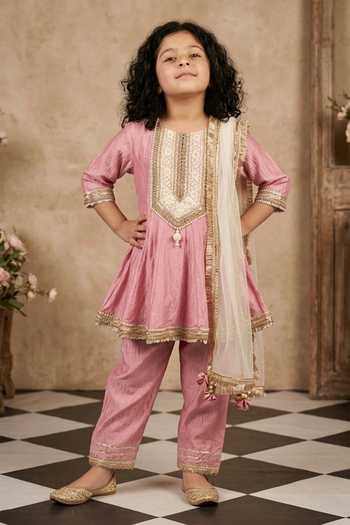 Buy_Byb Premium_Pink Cotton, Chiffon Pearls, Tassels Floral Embroidered Anarkali And Pyjama Set _Online_at_Aza_Fashions