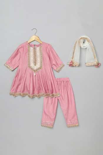 Shop_Byb Premium_Pink Cotton, Chiffon Pearls, Tassels Floral Embroidered Anarkali And Pyjama Set _Online_at_Aza_Fashions