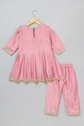 Byb Premium_Pink Cotton, Chiffon Pearls, Tassels Floral Embroidered Anarkali And Pyjama Set _at_Aza_Fashions