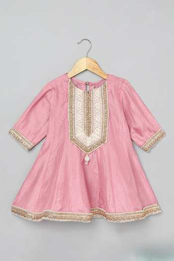 Buy_Byb Premium_Pink Cotton, Chiffon Pearls, Tassels Floral Embroidered Anarkali And Pyjama Set 