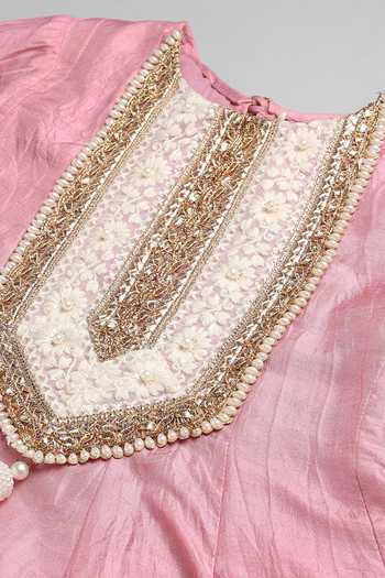 Byb Premium_Pink Cotton, Chiffon Pearls, Tassels Floral Embroidered Anarkali And Pyjama Set _Online