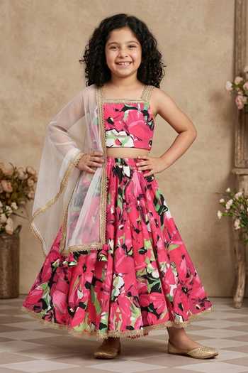 Buy_Byb Premium_Pink Cotton, Chiffon Tassels, Lace Floral Gota Embroidered Lehenga Set _at_Aza_Fashions