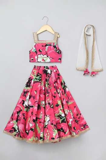 Byb Premium_Pink Cotton, Chiffon Tassels, Lace Floral Gota Embroidered Lehenga Set _Online_at_Aza_Fashions