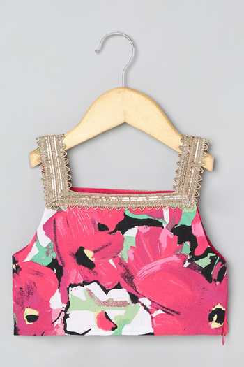 Byb Premium_Pink Cotton, Chiffon Tassels, Lace Floral Gota Embroidered Lehenga Set _at_Aza_Fashions