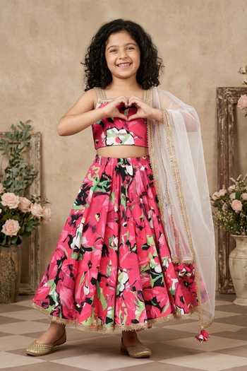 Shop_Byb Premium_Pink Cotton, Chiffon Tassels, Lace Floral Gota Embroidered Lehenga Set _Online