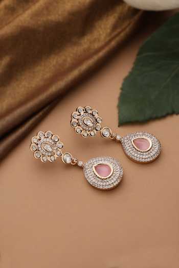 Swabhimann_Pink Rose Quartz Polki Dangler Earrings _Online_at_Aza_Fashions