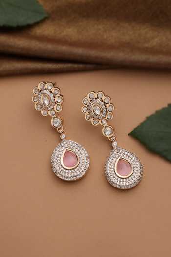 Shop_Swabhimann_Pink Rose Quartz Polki Dangler Earrings _at_Aza_Fashions