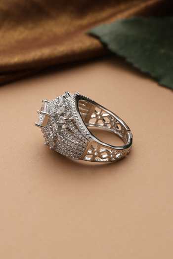 Swabhimann_Silver Plated Zirconia Solitaire Embellished Ring _Online_at_Aza_Fashions