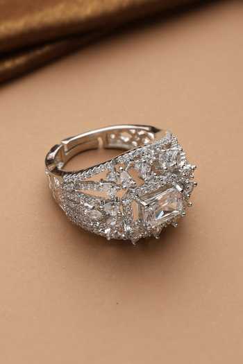 Shop_Swabhimann_Silver Plated Zirconia Solitaire Embellished Ring _at_Aza_Fashions