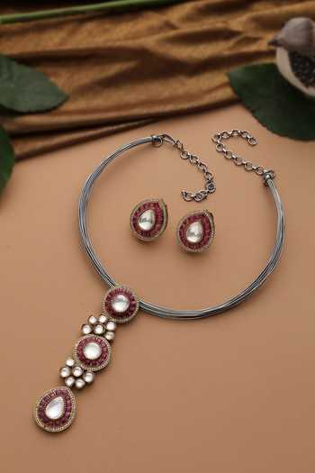 Shop_Swabhimann_Red Ruby Polki Hasli Necklace Set _at_Aza_Fashions