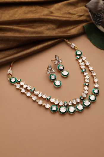 Shop_Swabhimann_Green Polki Layered Necklace Set _at_Aza_Fashions