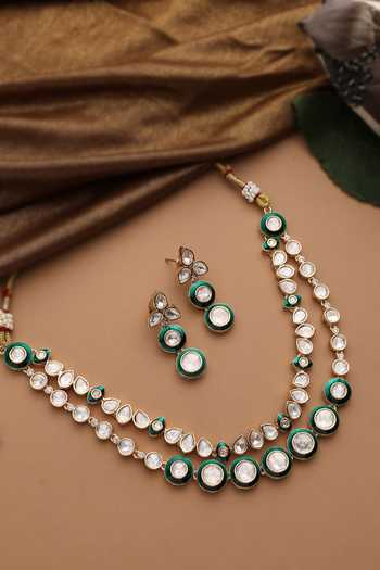 Swabhimann_Green Polki Layered Necklace Set _Online_at_Aza_Fashions