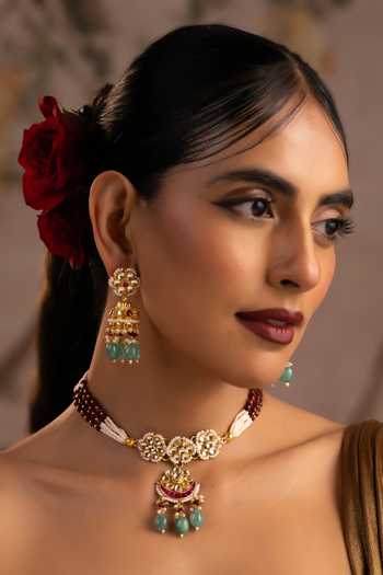 Buy_Swabhimann_Multi Color Polki Embellished Choker Necklace Set _at_Aza_Fashions