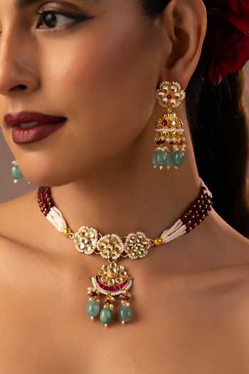 Buy_Swabhimann_Multi Color Polki Embellished Choker Necklace Set _Online_at_Aza_Fashions