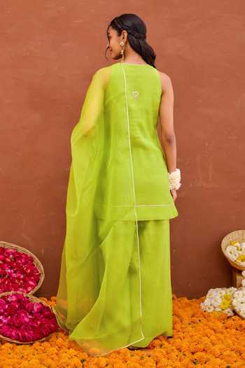 Shop_Taro_Green Organza, Chanderi Silk Keyhole Neck Harini Kurta Set _at_Aza_Fashions