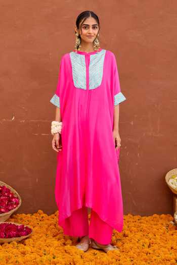 Shop_Taro_Fuchsia Modal, Silk Aira Gota Patti Work Kaftan And Pant Set _Online_at_Aza_Fashions