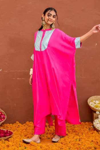 Taro_Fuchsia Modal, Silk Aira Gota Patti Work Kaftan And Pant Set _at_Aza_Fashions